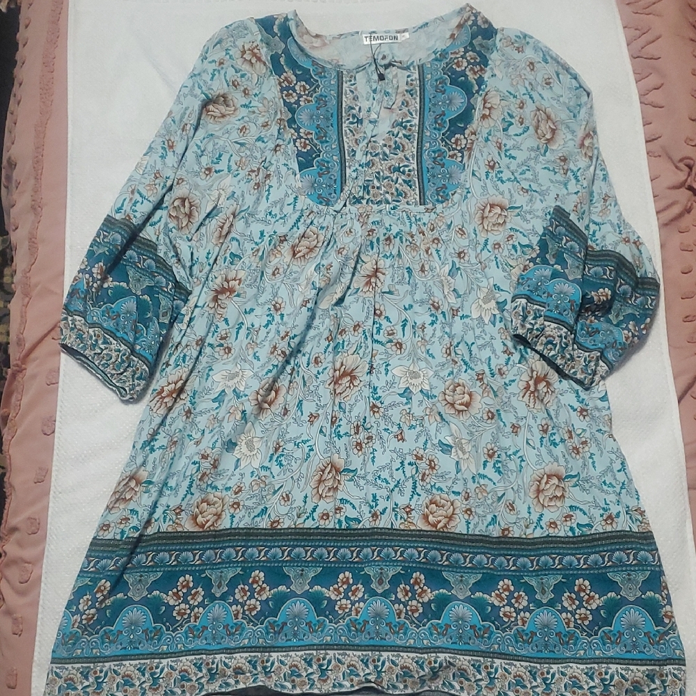 Light Teal Floral Boho Tunic Top
